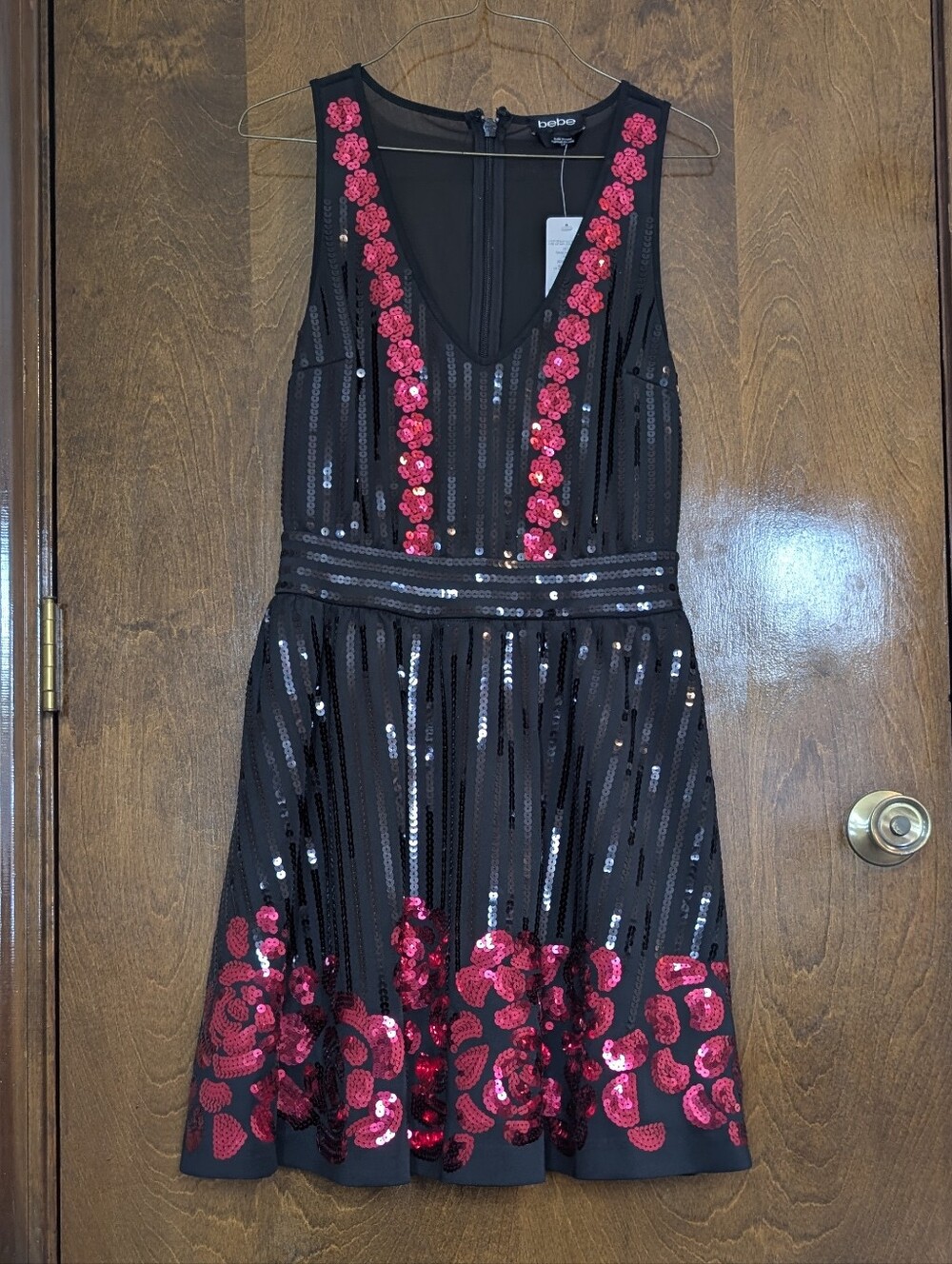 bebe Black Mini Dress with Red Sequin Floral Trim